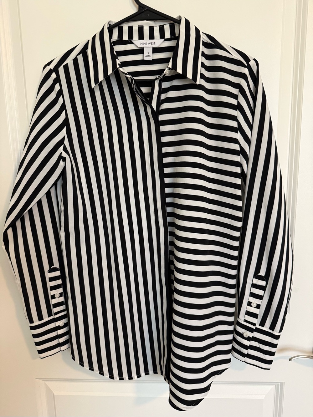 Nine West Black & White Vertical/Horizontal Stripe Dress Shirt